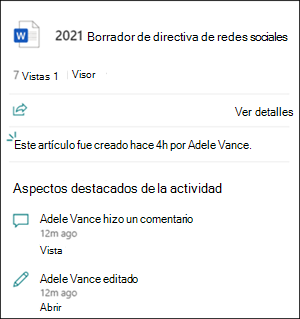 Aspectos destacados de la actividad de la tarjeta de archivo