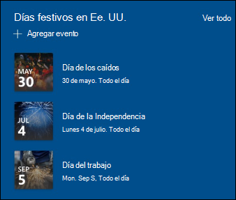Vista previa del elemento web Eventos.