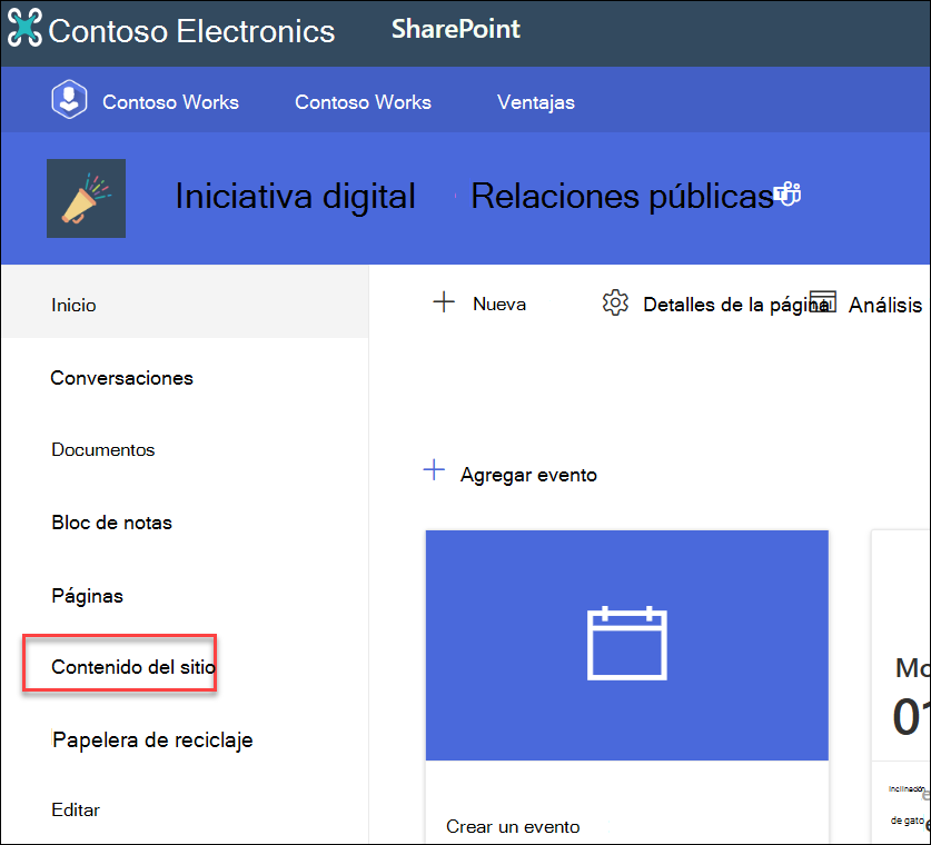 captura de pantalla del contenido del sitio de navegación izquierdo