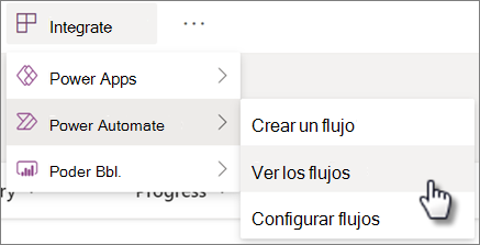 Comando Ver los flujos en el menú Integrar Power Automate para una lista