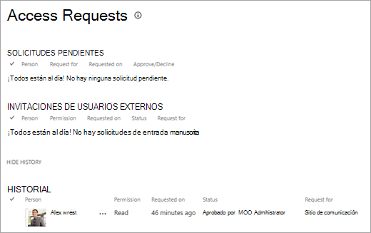 Vista Solicitudes de acceso que muestra el historial de solicitudes.