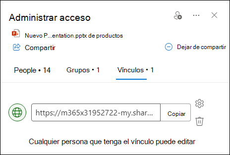 Captura de pantalla que muestra el cuadro de diálogo administrar acceso con la pestaña de vínculos abierta.