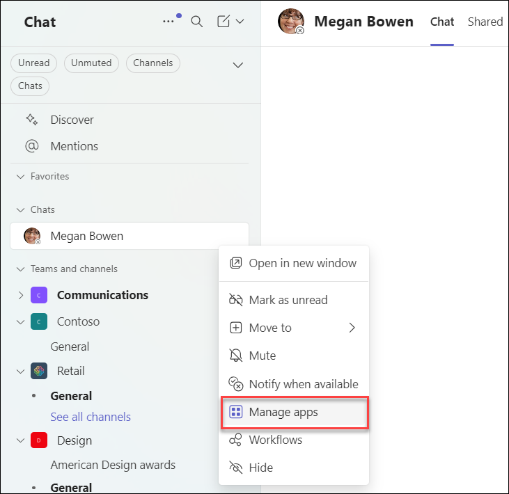 Captura de pantalla de administración de aplicaciones en un chat de Teams