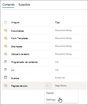 Imagen de la página de contenido del sitio con los puntos suspensivos seleccionados para Páginas del sitio. El cursor se desplaza sobre Configuración.
