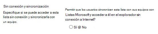 Configuración de sincronización y sin conexión para listas