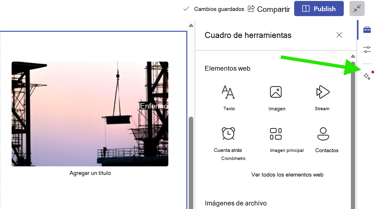imagen de un punto rojo en la tabla dinámica de ideas de diseño, que indica una idea de diseño disponible para la sección actual