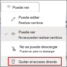 Captura de pantalla de permisos de uso compartido con quitar acceso directo resaltado.