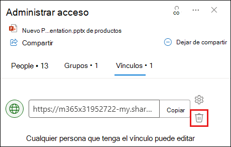 Captura de pantalla que muestra el cuadro de diálogo Administrar acceso con la pestaña del vínculo abierta. El botón Quitar vínculo está resaltado.