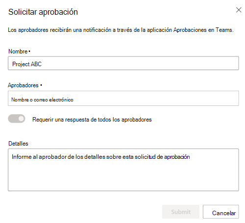 Captura de pantalla que muestra el cuadro de diálogo Solicitar aprobación.