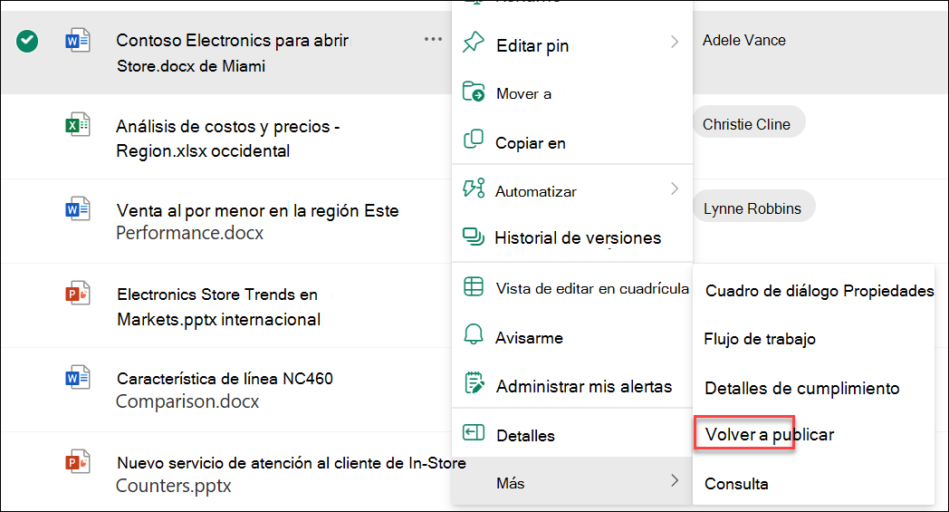 Captura de pantalla de volver a publicar una versión principal