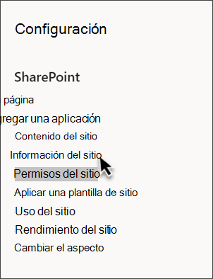 Captura de pantalla de la configuración de SharePoint con la opción Información del sitio seleccionada