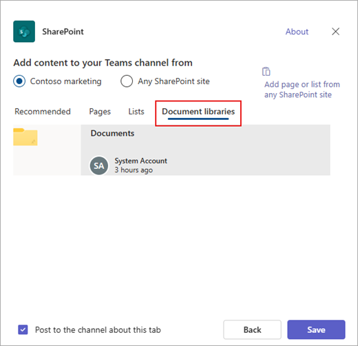 Agregue una biblioteca de documentos de SharePoint a Teams.