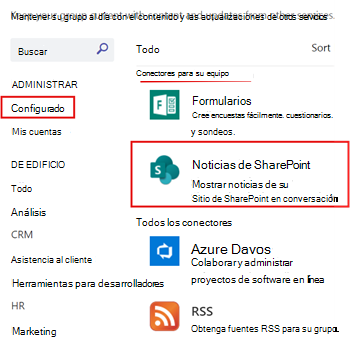 Se muestran noticias de SharePoint configuradas para un canal de teams