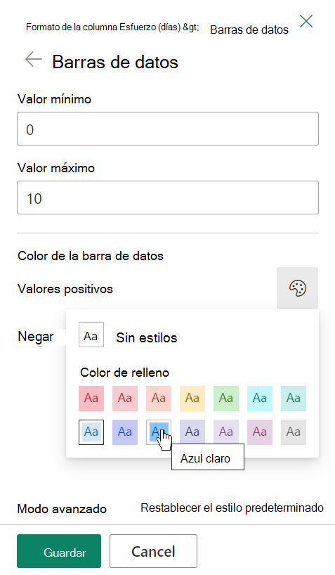 Opciones para dar formato a barras de datos en una columna de lista de SharePoint.