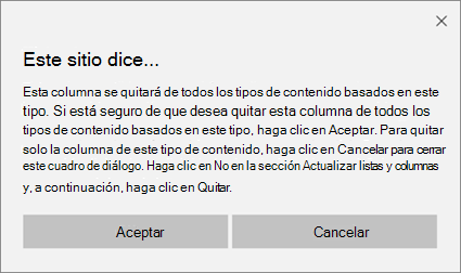 Solicitud de confirmación de SharePoint al quitar una columna de un tipo de contenido de sitio para todos los tipos de contenido basados en ese tipo