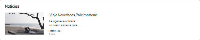 Captura de pantalla del elemento web Noticias de un sitio de SharePoint, donde se han filtrado las publicaciones