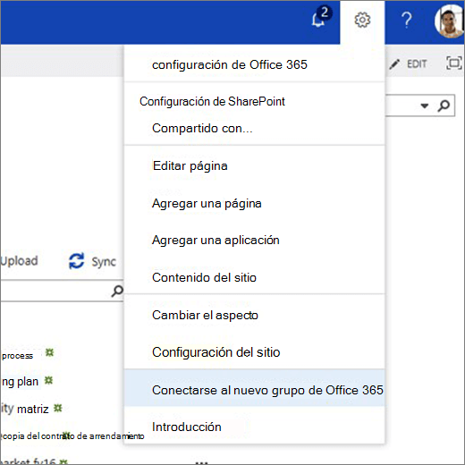 Esta imagen muestra el menú del icono de engranaje y selecciona Conectarse al nuevo grupo de Microsoft 365.