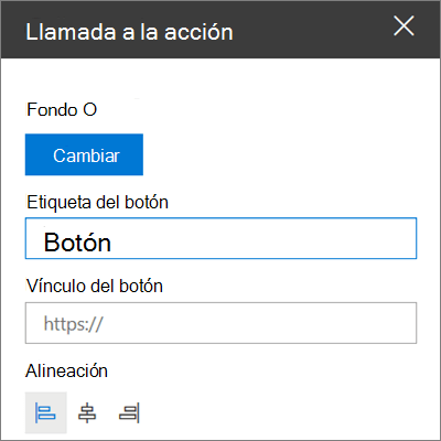 Cuadro de herramientas para el elemento web Llamada a la acción para sitios de SharePoint, que muestra cómo personalizar el vínculo, el botón y la alineación del elemento web