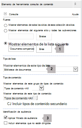 Lista de propiedades del elemento web Consulta de contenido con tres globos