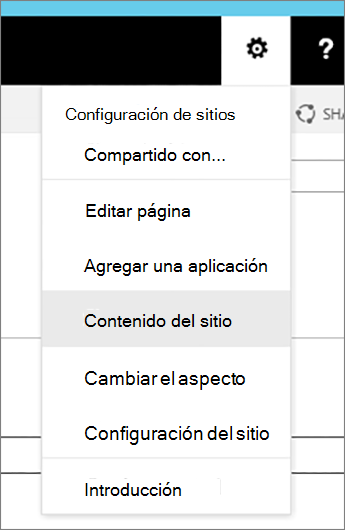 Menú Configuración con contenido del sitio resaltado