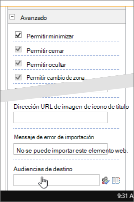 Sección avanzada de propiedades de elementos web con la audiencia de destino resaltada