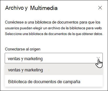 Panel de propiedades del visor de archivos con la lista desplegable Conectar a origen