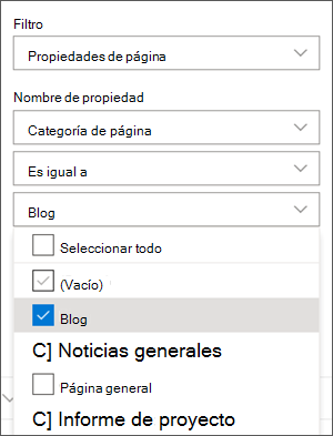 Filtro establecido en Blogs en el panel del elemento web Noticias