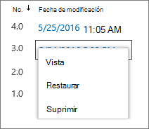 Opciones de historial de versiones (ver, restaurar, eliminar)