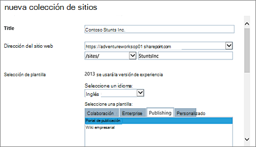 Mitad superior del cuadro de diálogo Nueva colección de sitios con portal de publicación resaltado