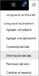 Menú Configuración con información del sitio seleccionado