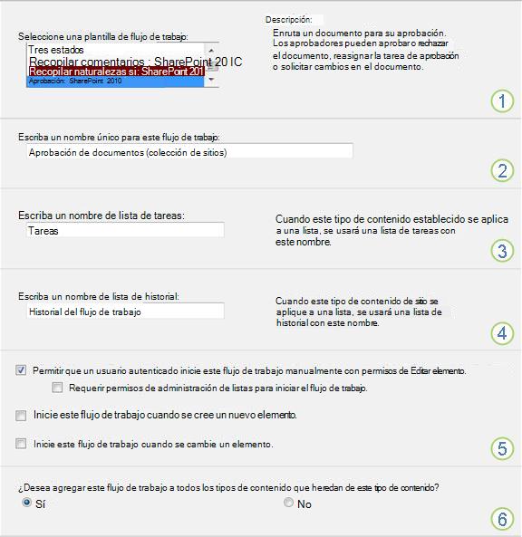 Página de configuración del flujo de trabajo