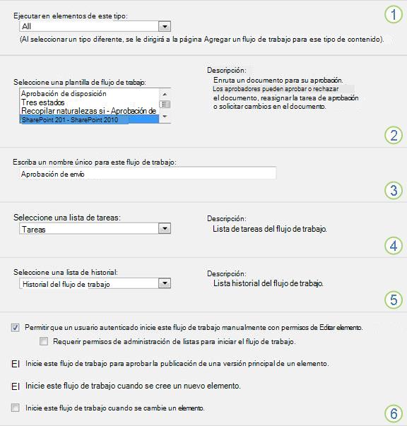 Información básica de adición de flujos de trabajo con secciones resaltadas