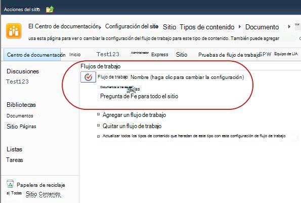 Vínculo para cambiar la configuración del flujo de trabajo