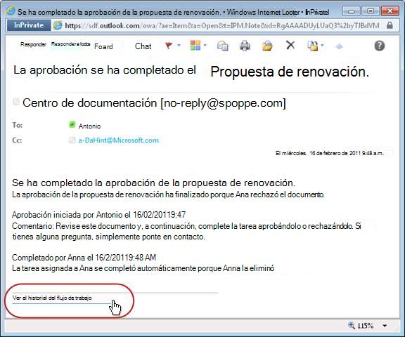 Notificación de flujo de trabajo completado con vínculo al historial resaltado