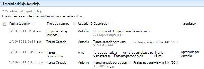 Sección Historial del flujo de trabajo en la página de estado del flujo de trabajo