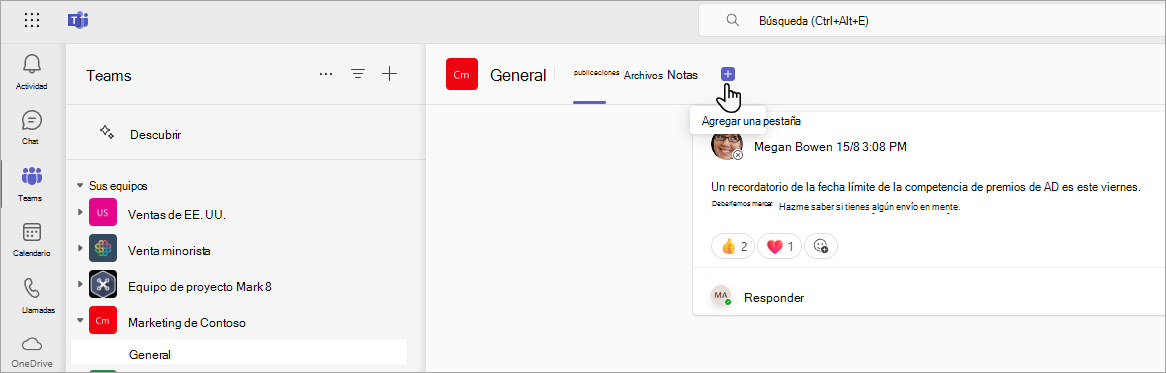 Agregar una nueva pestaña en Teams con una dirección URL de SharePoint.