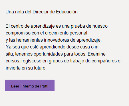 Sitio de Learning Central Elemento web de texto que muestra un mensaje de bienvenida o un área de anuncio para la plantilla