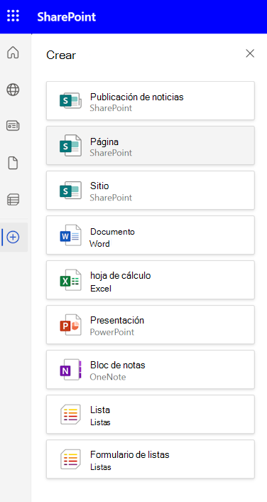 Captura de pantalla del panel Crear en la barra de aplicaciones de SharePoint con las opciones Página, Publicación de noticias y Página.