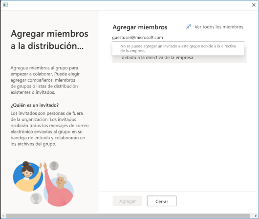 No se puede agregar un invitado a este grupo debido a la directiva de la empresa.