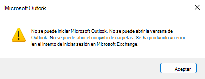 Mensaje de error que indica que no se puede iniciar Outlook