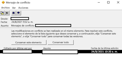 Las modificaciones en conflicto se han realizado en los mismos elementos.