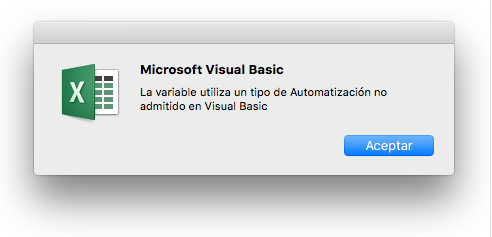 Error de Microsoft Visual Basic: La variable usa y el tipo de automatización no se admite en Visual Basic.