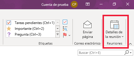 Detalles de la reunión de OneNote en la cinta