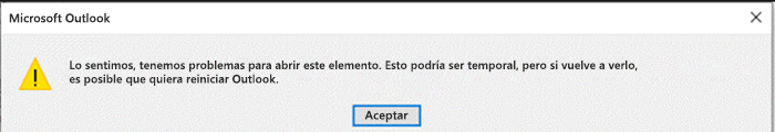 Captura de pantalla del error de Outlook