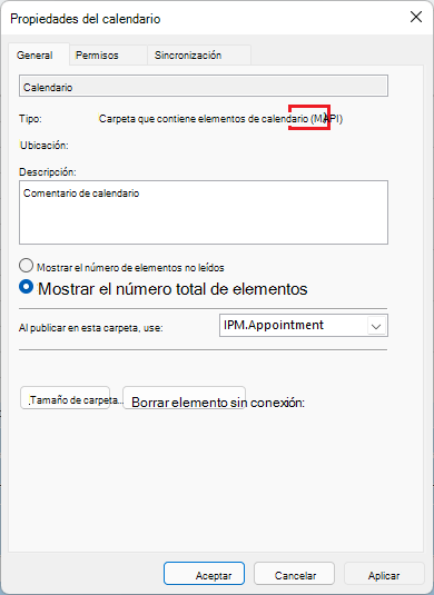 La imagen muestra la ventana de propiedades de la reunión de Outlook con MAPI en un círculo rojo.