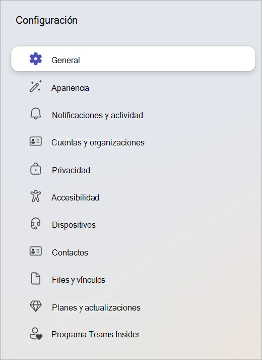 Captura de pantalla del panel Configuración que muestra categorías como General, Privacidad y Dispositivos.