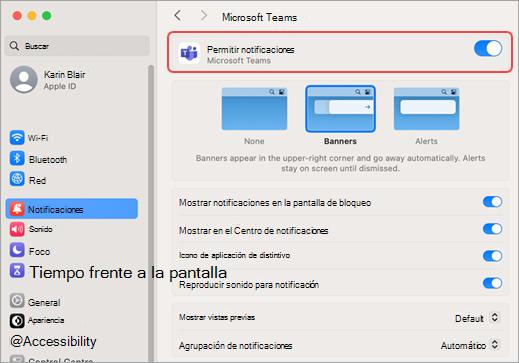 La configuración del sistema Mac permite notificaciones de Microsoft Teams