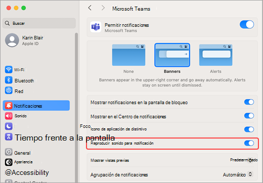 Configuración de Mac reproducir sonidos de Teams