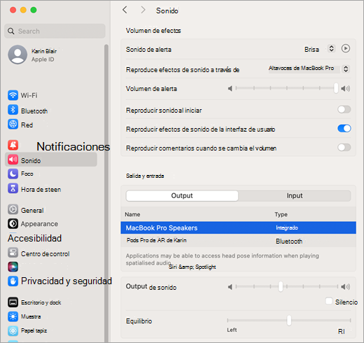 Configuración del sistema Mac, efectos de sonido