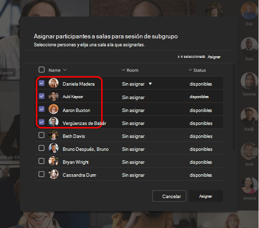 Imagen que muestra cómo asignar personas a salas para sesiones de subgrupo